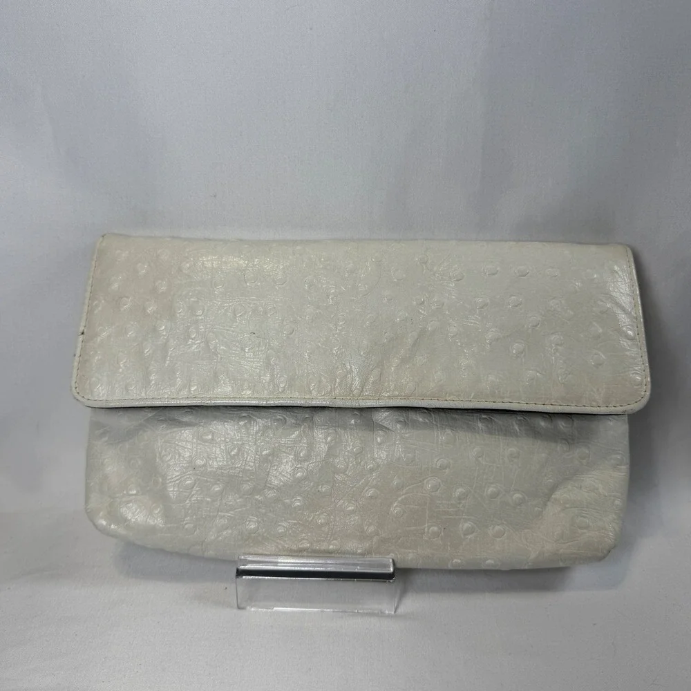 Margolin Embossed Clutch Womens Small Cream Vintage Faux Leather Bag